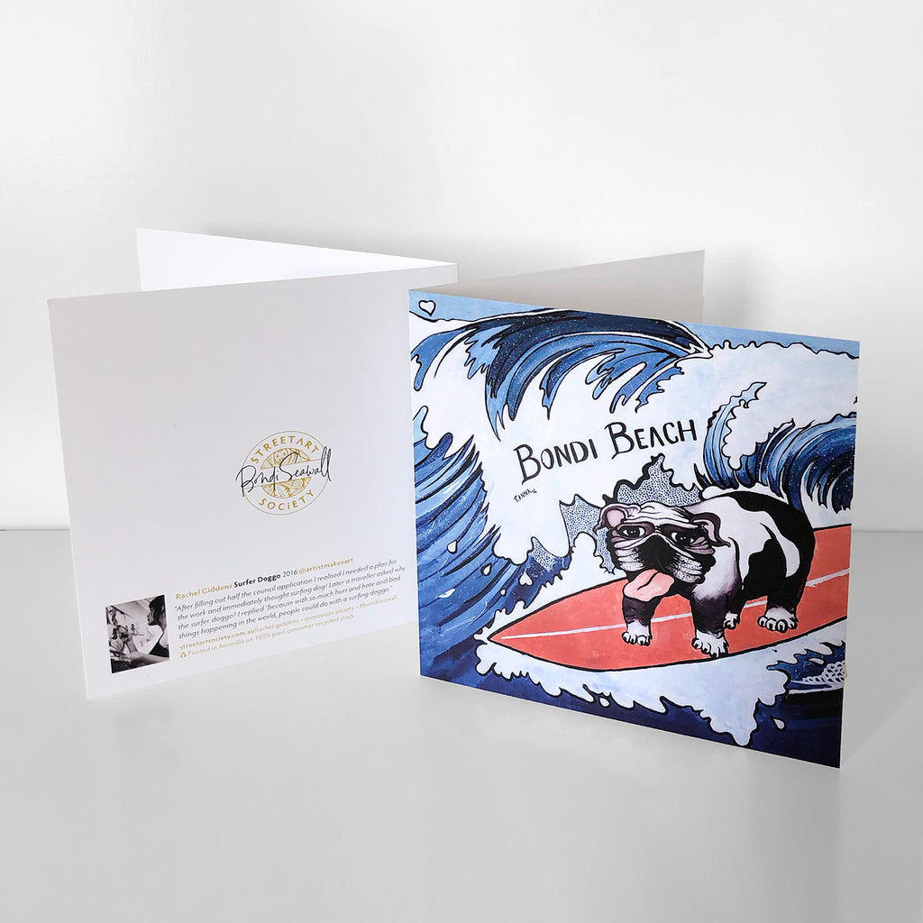 Bondi graffiti gift card souvenir, surfing dog, bulldog
