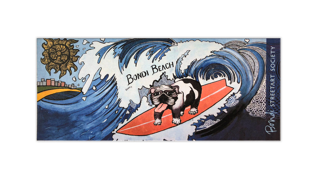Bondi graffiti souvenir magnet, surfing dog